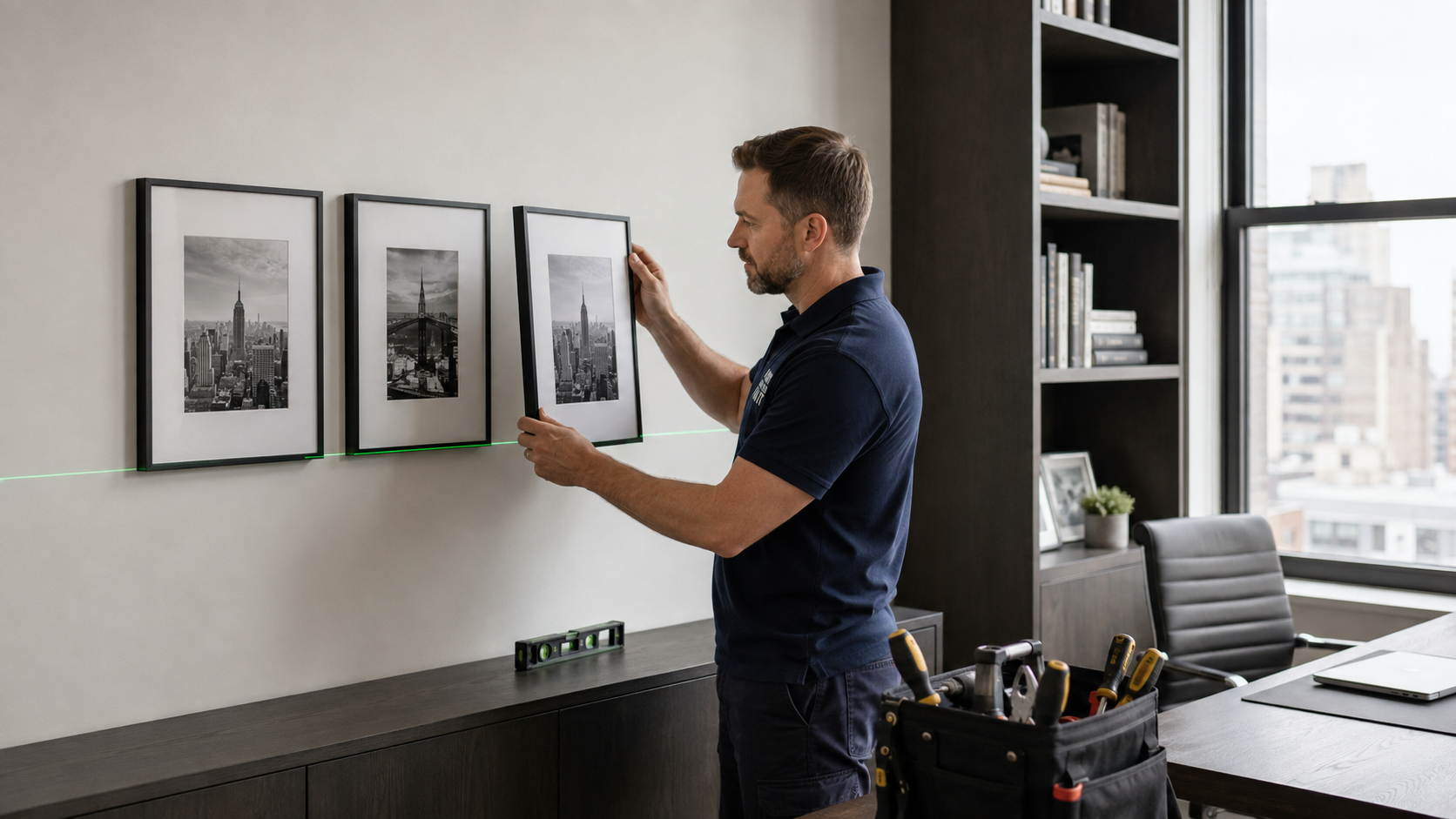 Technician aligning framed New York photographs on a wall