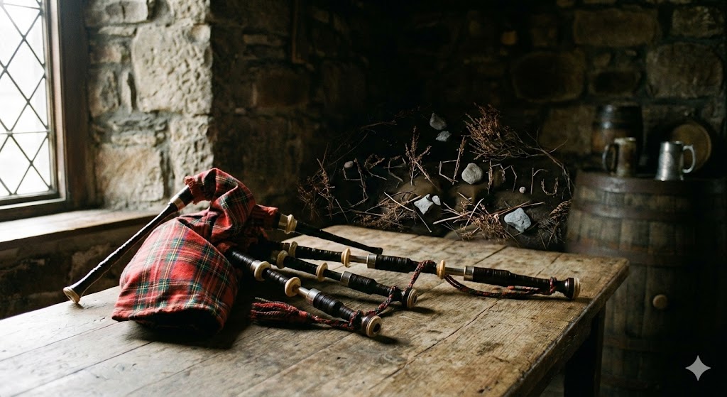 Классическая шотландская волынка с тартаном на деревянном столе