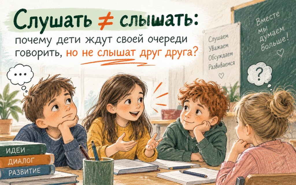 Дети за партой: один говорит, другие ждут очереди и не слышат друг друга