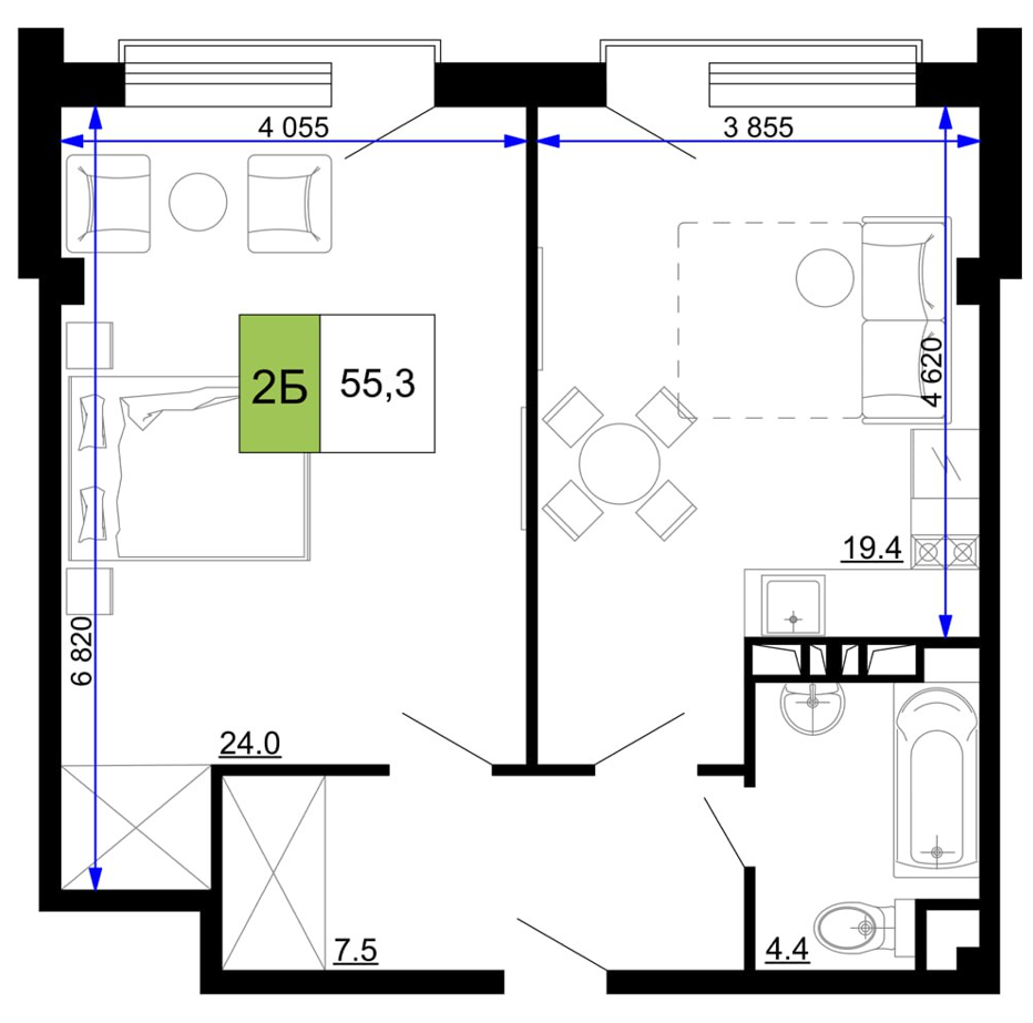 Планировка 2-комнатный 55,3 м²