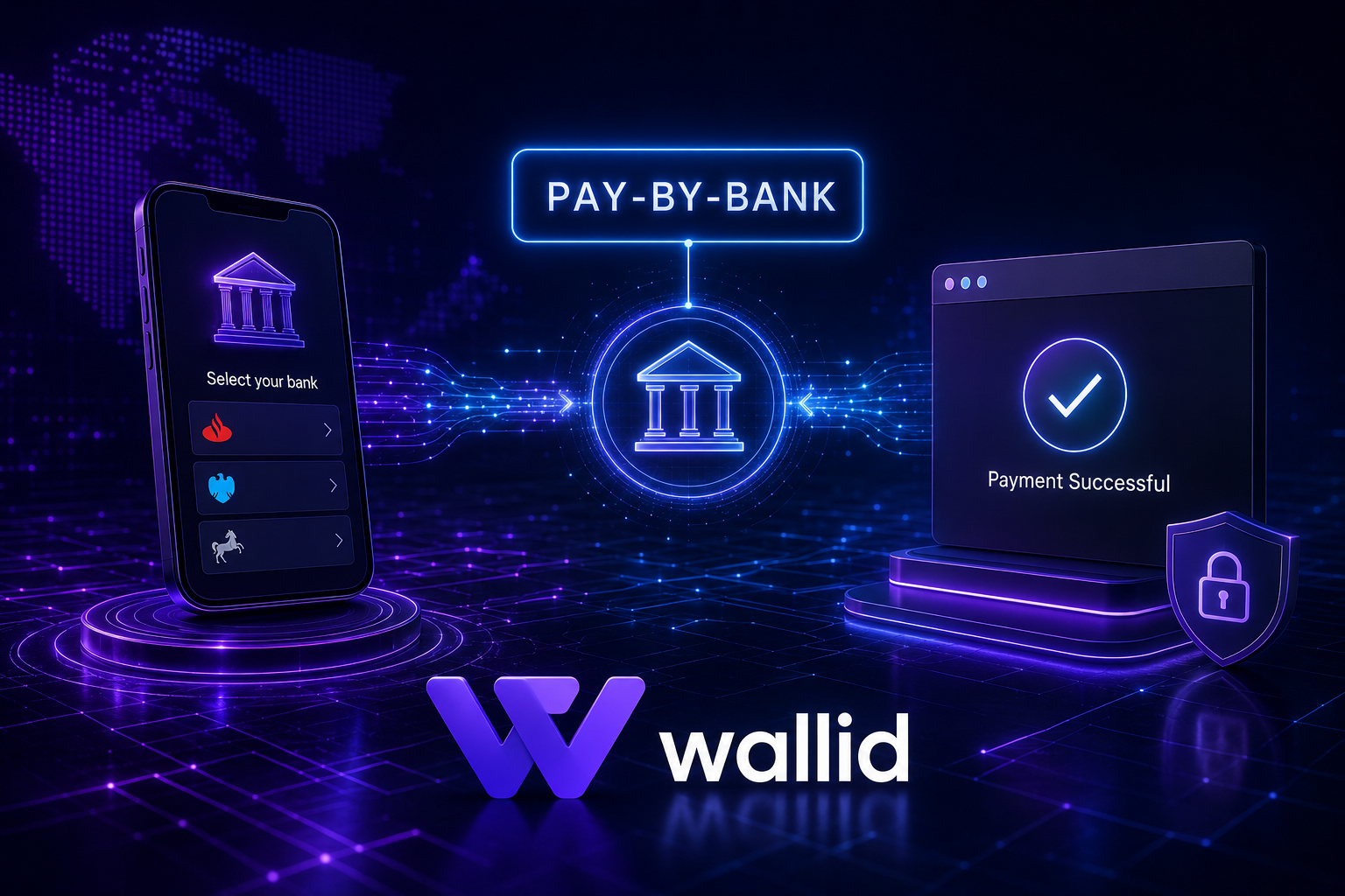 Futuristic Pay by Bank payment infrastructure for research peptide ecommerce, featuring Wallid Open Banking technology, direct bank payments and secure high-risk merchant payment processing.