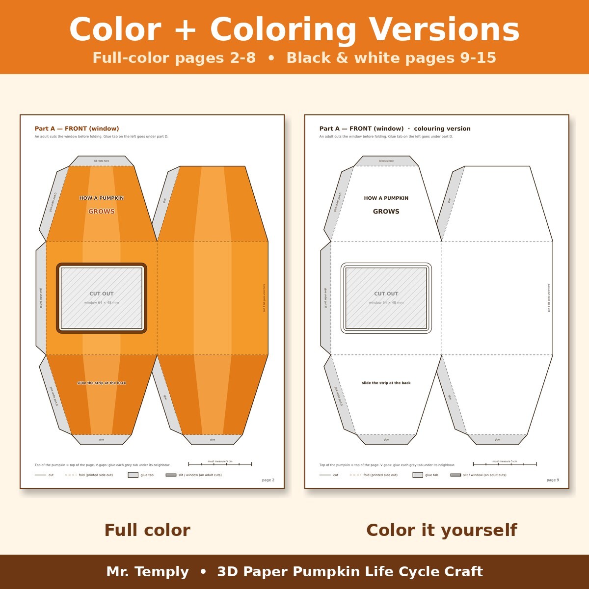 Full-color and black-and-white coloring versions of the pumpkin craft