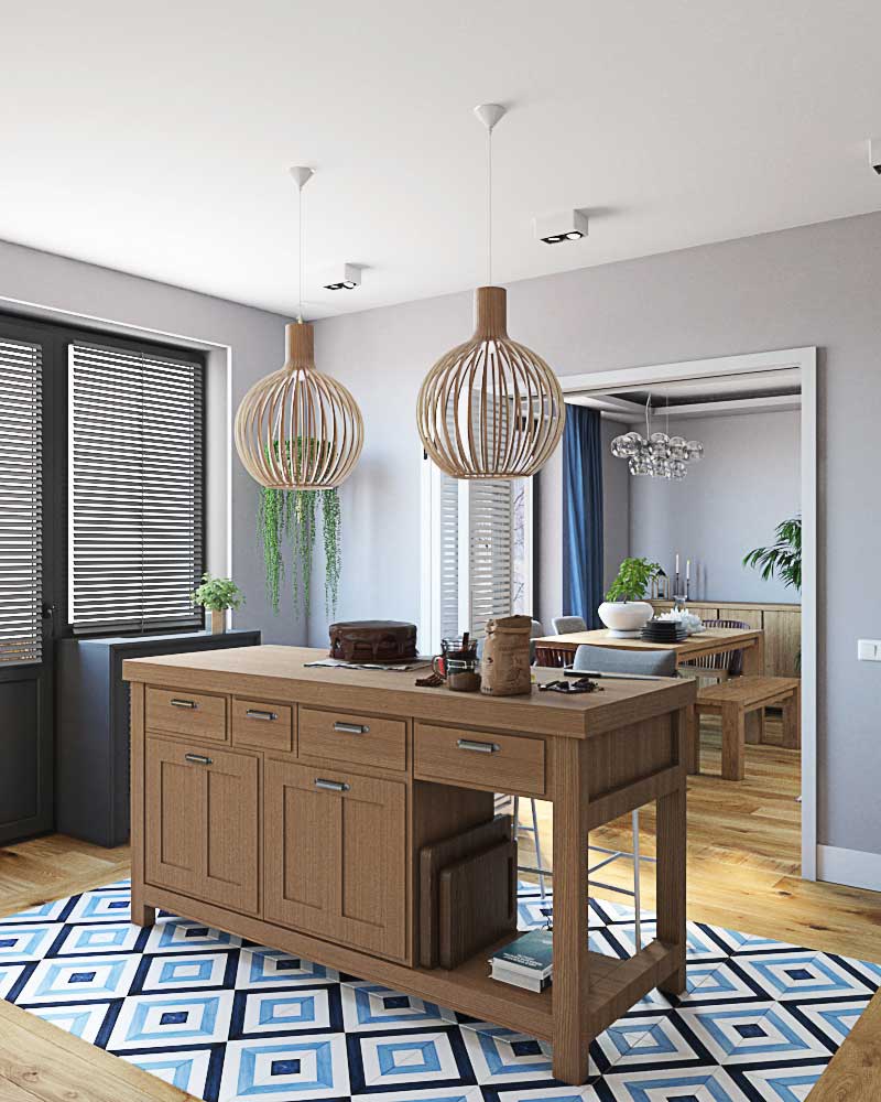 Кухня и кухонный деревенский кухонный остров. Черные жалюзи на окне, черный экран на батарею. Столовая с деревянным столом и стульями 