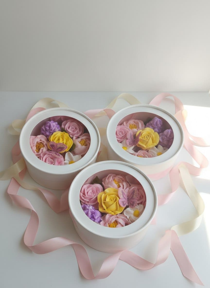 Художественные цветы из зефира в шляпной коробке с окном, диаметр 16 см 2