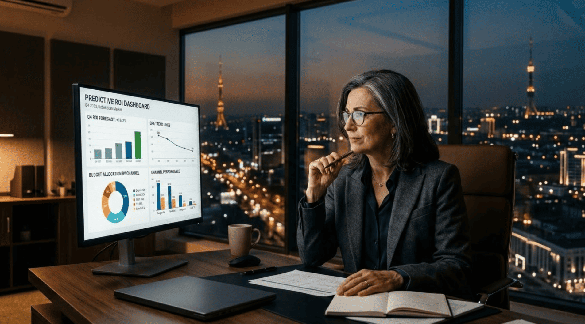 A marketing director in a modern Tashkent office reviews a predictive ad spend ROI forecast on a large dashboard screen, analyzing CPA trends before campaign launch.