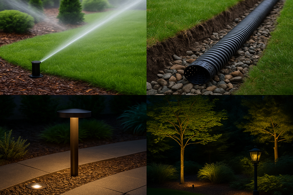 Система автоматического полива, дренажная труба в гравии, уличные светильники и подсветка деревьев на участке в вечернее время.