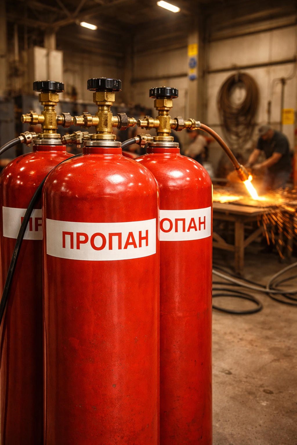 Красные баллоны с пропаном на промышленном складе — применение пропана в резке металла и отоплении