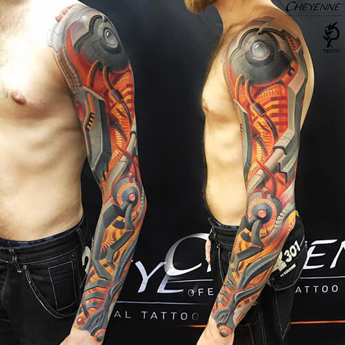 A realistic biomechanical sleeve tattoo featuring metal, circuit boards, and generators, highlighting the anatomy of the arm muscles, Los Angeles, West Hollywood