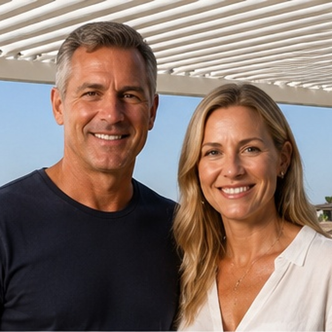 Newport Beach homeowners with white aluminum pergola and coastal outdoor living space