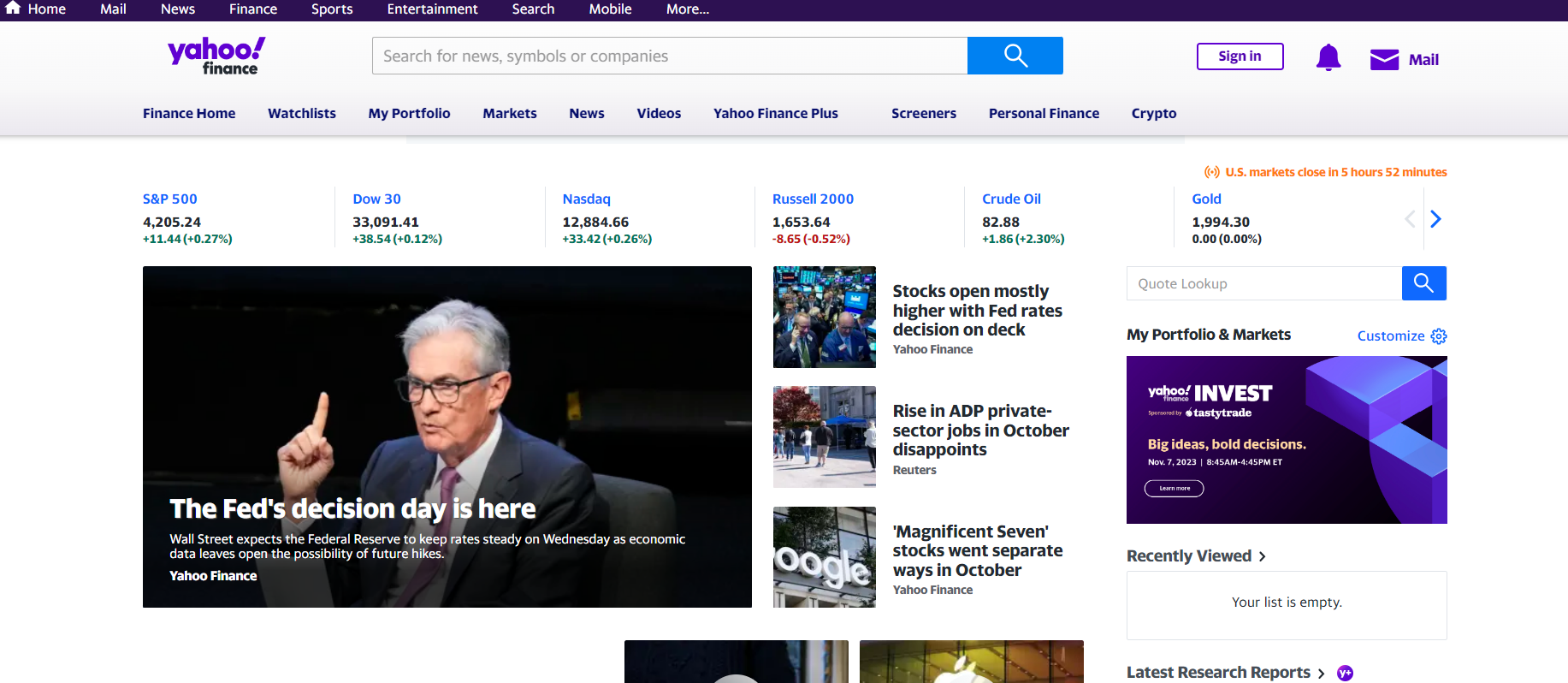 Yahoo Finance main page