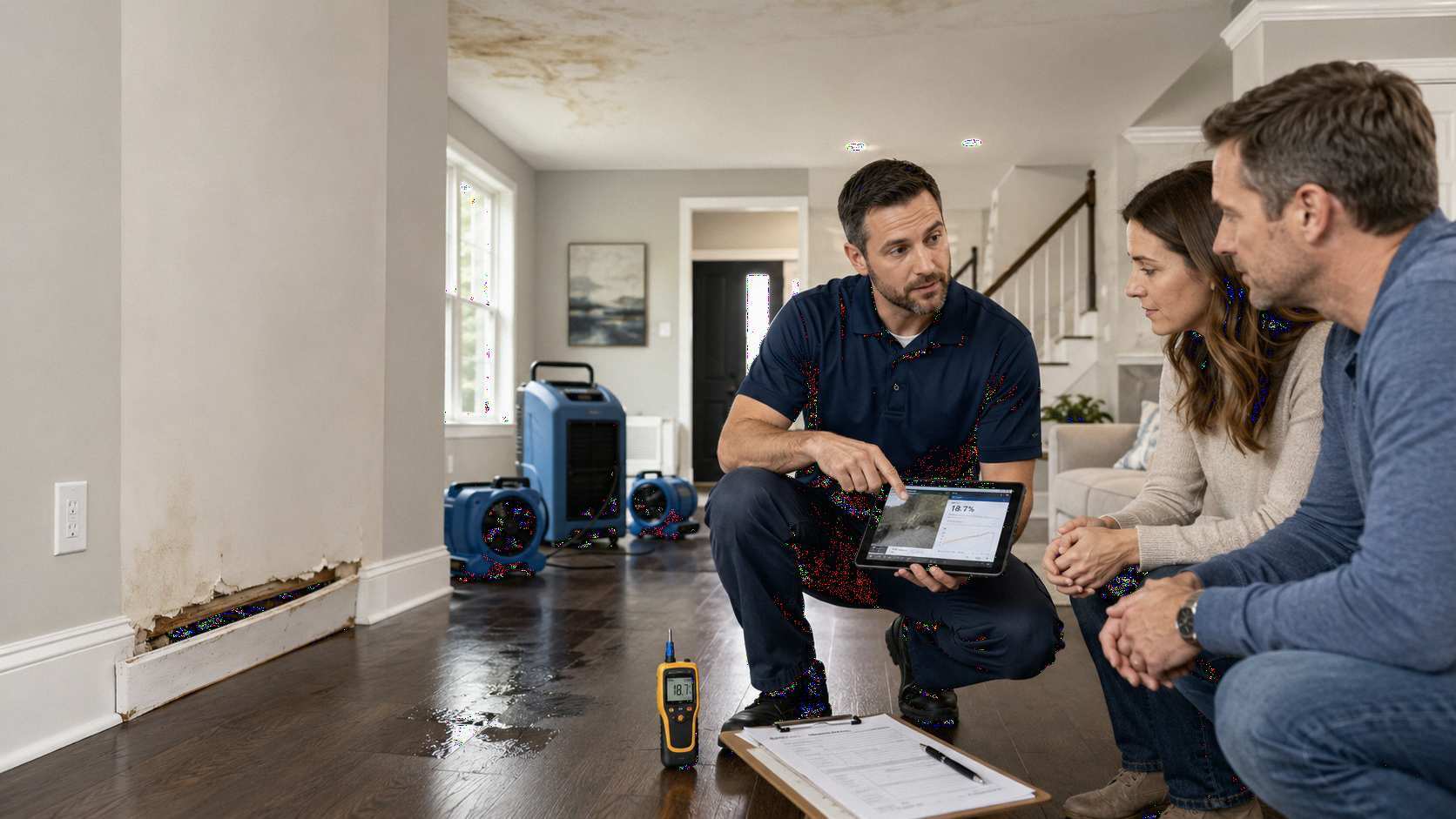 Water damage restoration company inspection in Northern Virginia showing a restoration professional reviewing moisture readings with homeowners drying equipment wet flooring ceiling stain and damaged baseboard after water damage