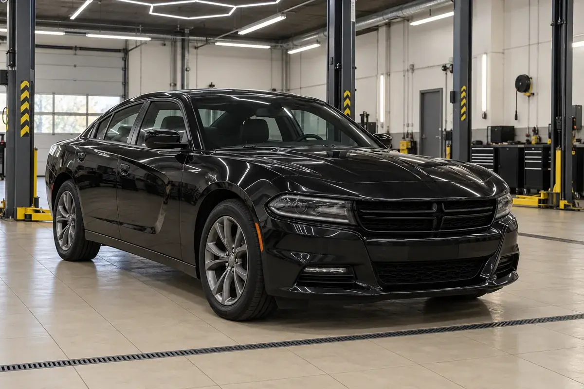 Иллюстрация: чёрный Dodge Charger, вид спереди