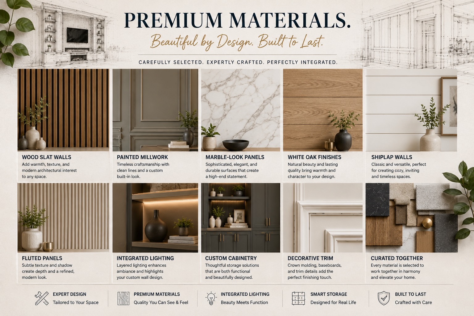 Architectural materials board displaying premium finishes for custom wall projects, including white oak wood slats, painted millwork, marble-look panels, shiplap, fluted wall panels, decorative trim profiles, custom cabinetry, and integrated LED lighting.