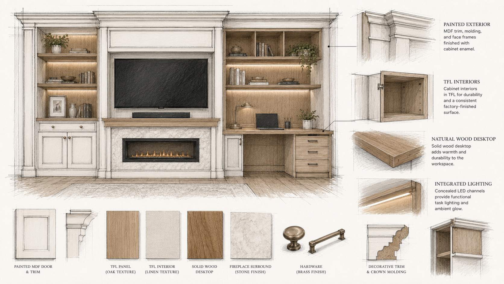 Hybrid custom built-in combining painted MDF trim, TFL cabinet interiors, natural wood desktop, fireplace surround, and integrated LED lighting
