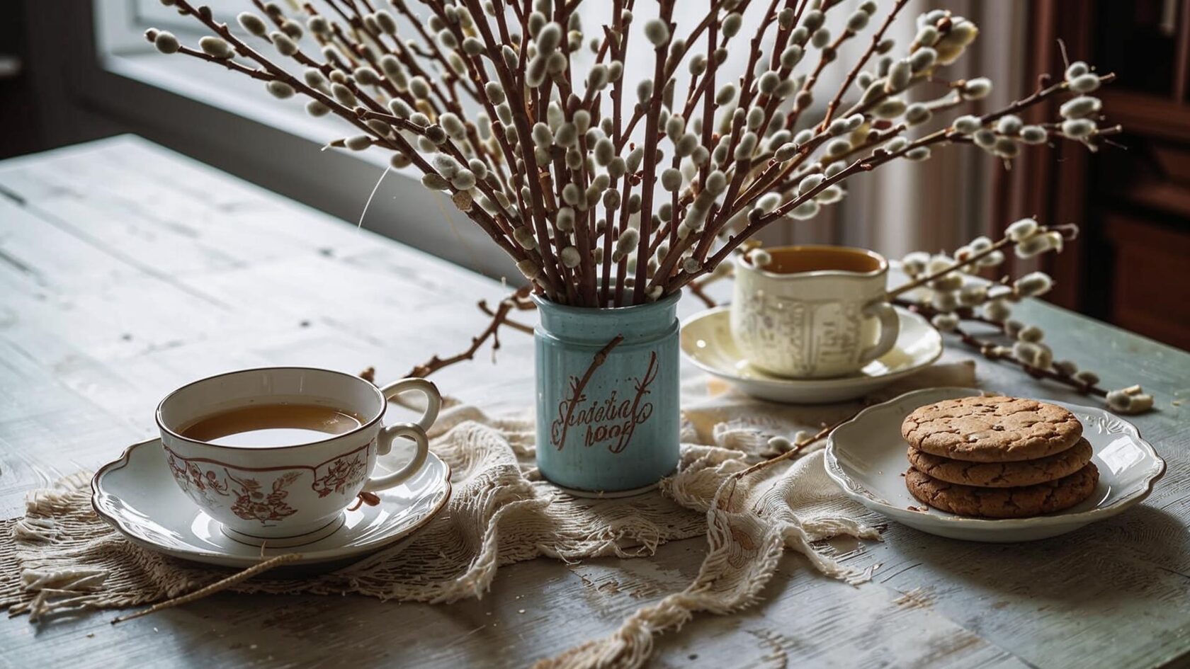 изобрадение атрибутов прощенного воскресенья, стол со светлой скатертью, на столе стоит букет вербы и чашка чая