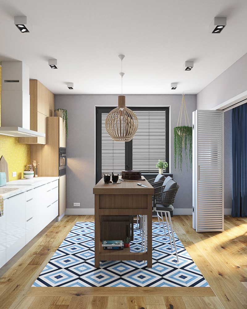 Светлая кухня в средиземноморском стиле с синей плиткой на полу. современные фасады кухни