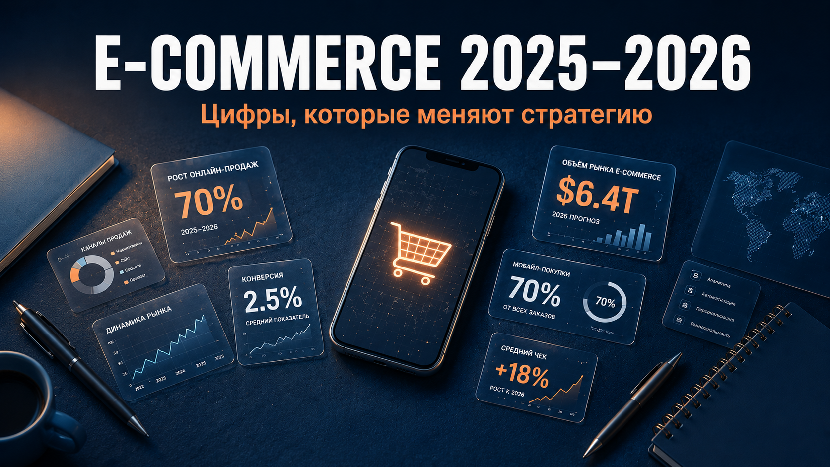 Обложка статьи E-COM CONSULT PLUS: тёмно-синий фон смартфон с иконкой корзины и парящие карточки с цифрами e-commerce — 70 2.5 6.4T. Заголовок: E-COMMERCE 2025–2026. Цифры которые меняют стратегию.