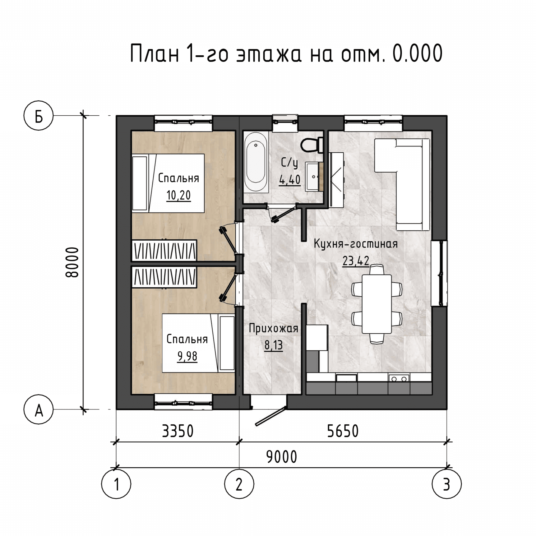 Планировка маленького кирпичного дома с двумя спальнями, совмещенным санузлом и кухней-гостиной