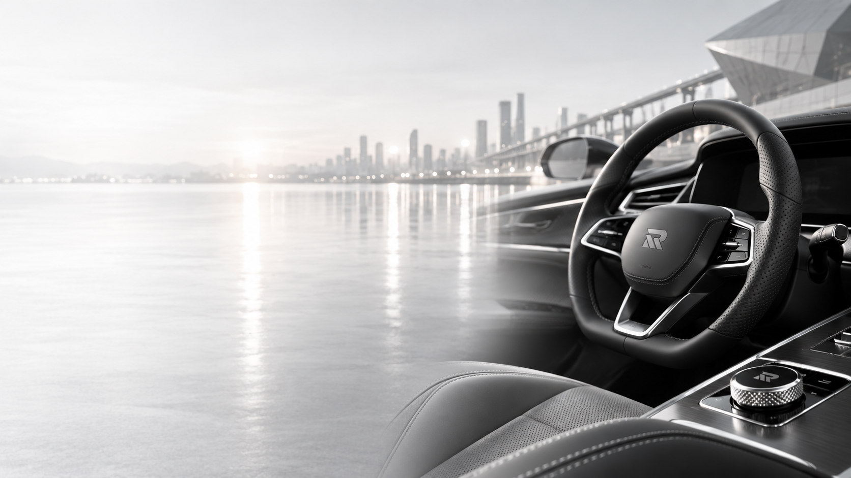 Premium car interior with steering wheel and cabin details facing the city skyline