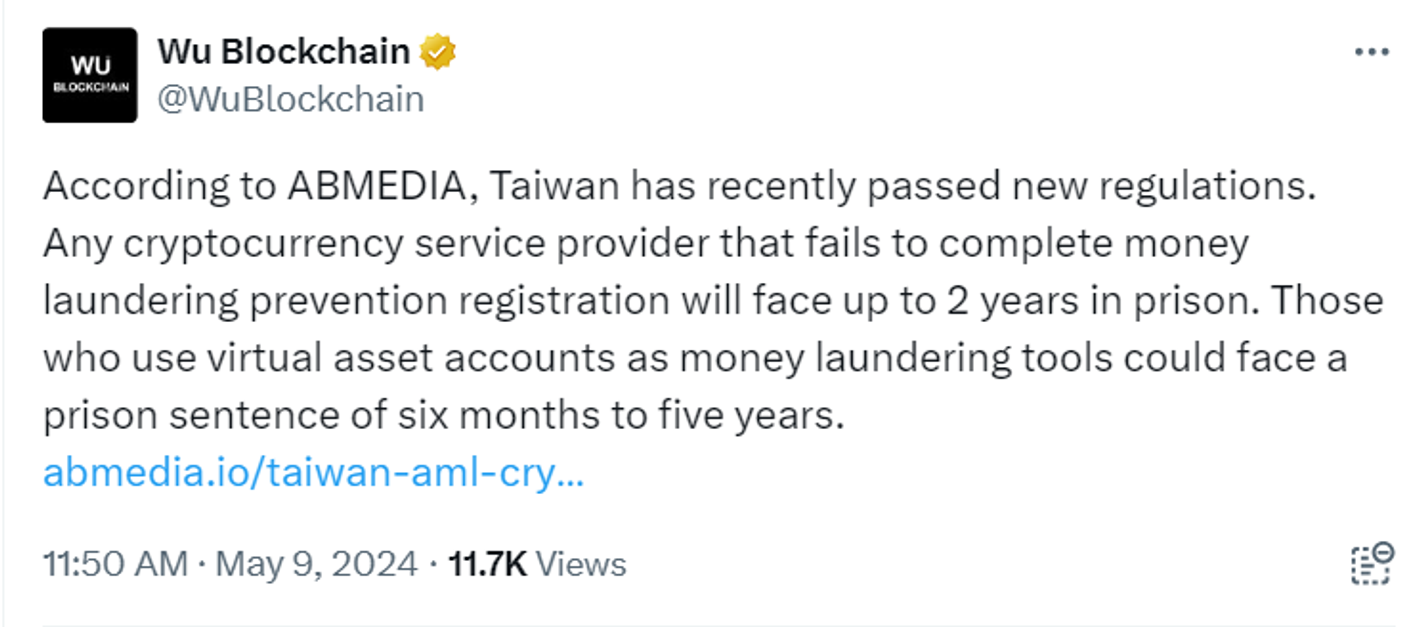 Taiwan approves prison sentences for money laundering using cryptocurrencies