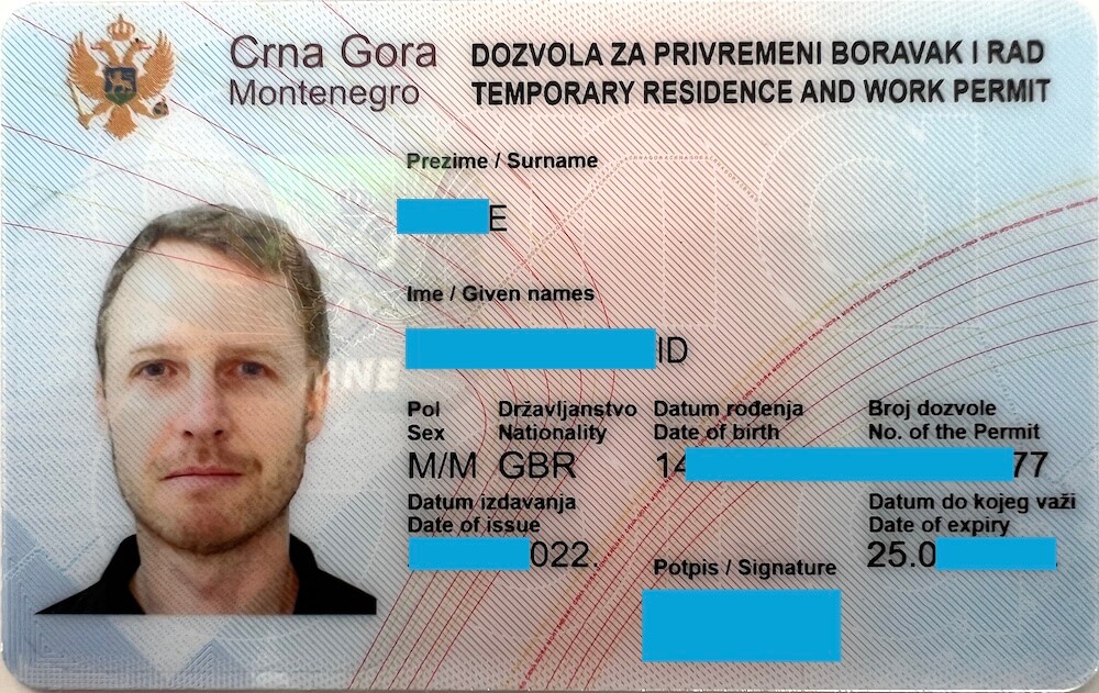 A picture of a real Temporary Residence Permit in Montenegro