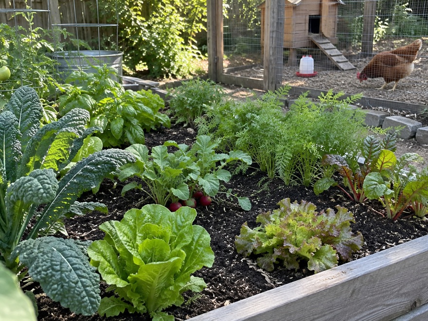 A thriving vegetable bed fed by composted chicken manure with hens nearby