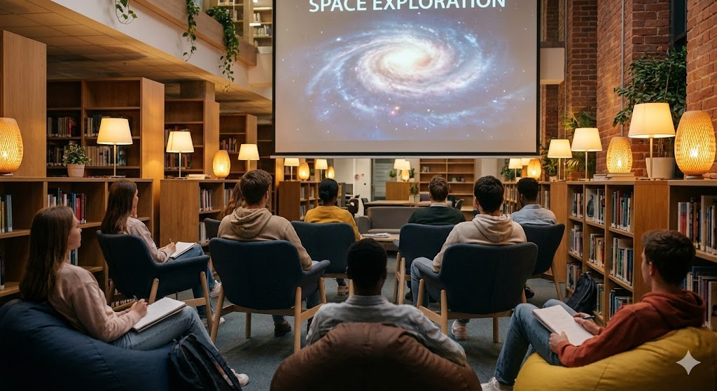Студенты смотрят образовательный фильм о космосе в лектории