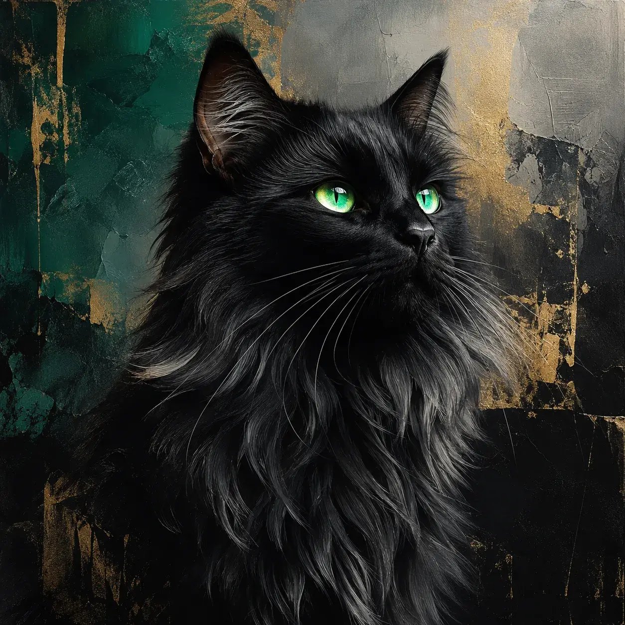 Современный портрет чёрного кота с зелёными глазами на холсте — STRUKTURA ART