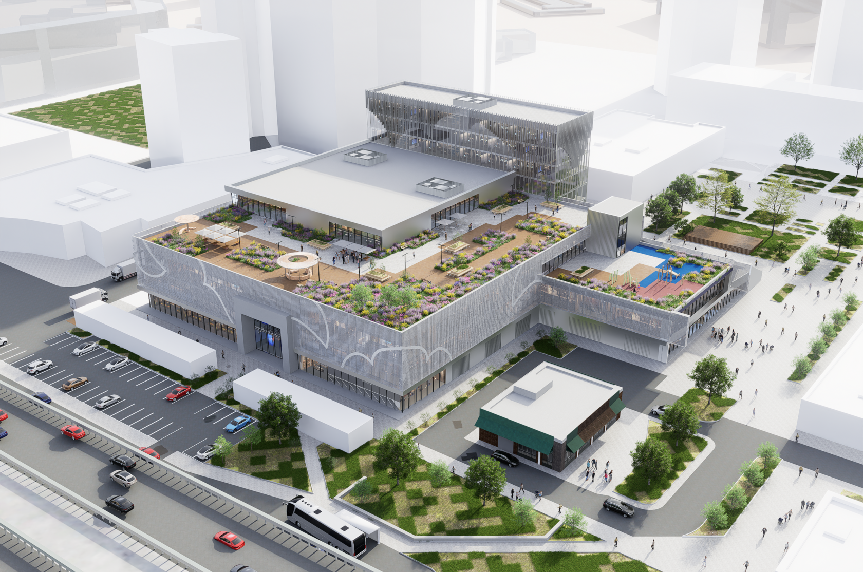 Внешний вид проекта офисного здания: современный фасад, панорамное остекление и входная группа