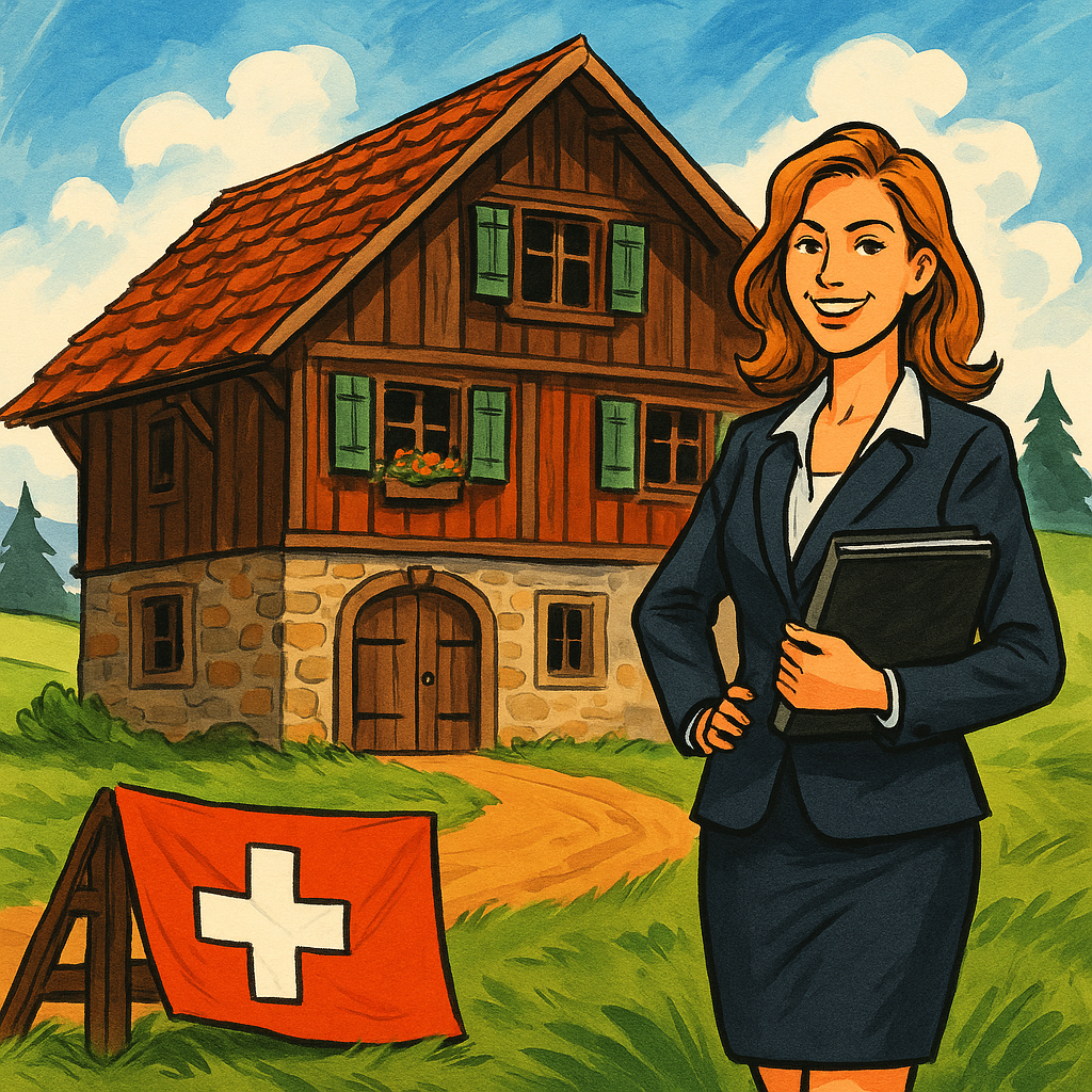 Schweizer Unternehmerin mit Unterlagen in Schindellegi, im Hintergrund Alpenpanorama und moderner Bürokomplex