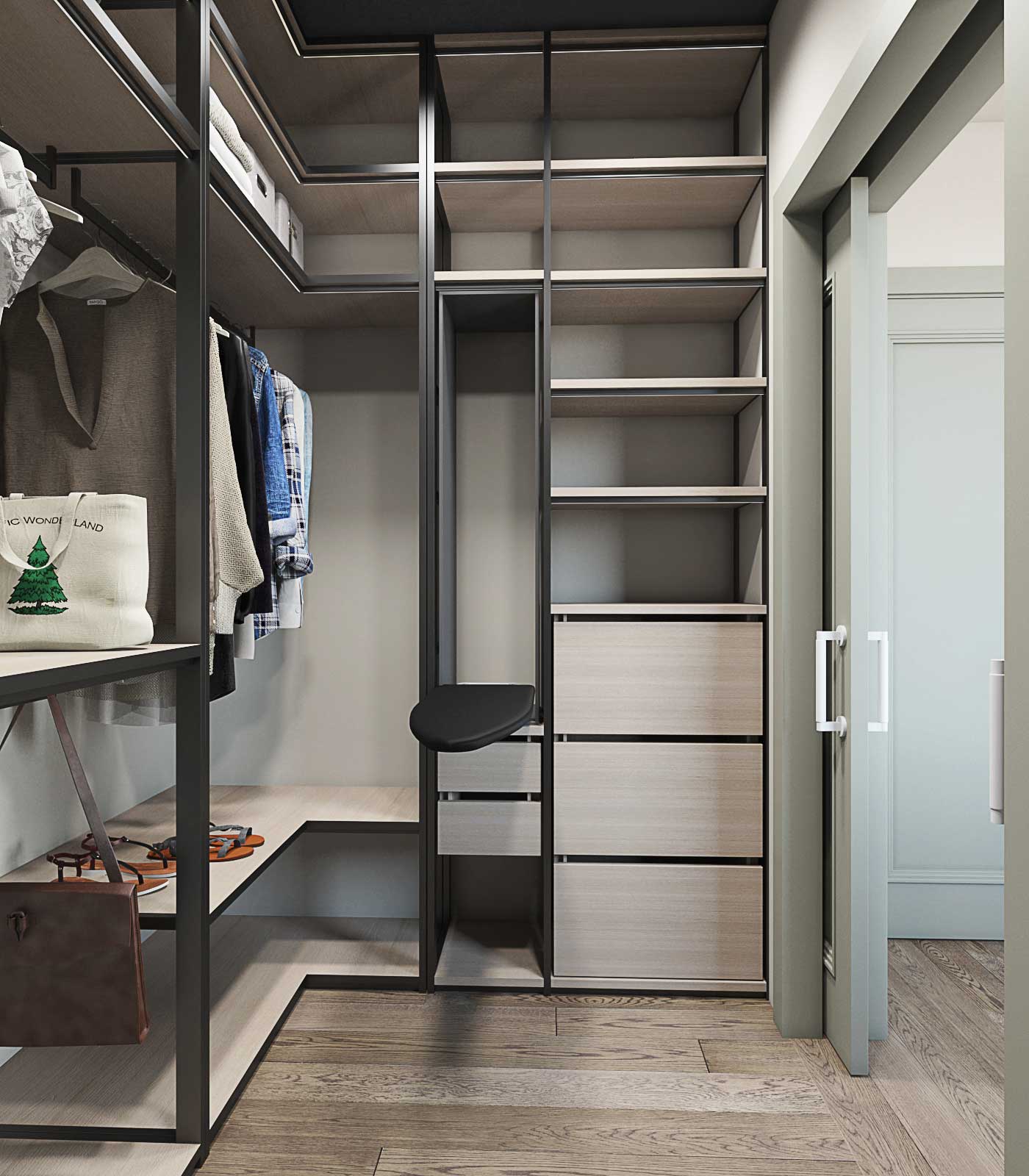 гардеробная лофт, полки, шкаф.