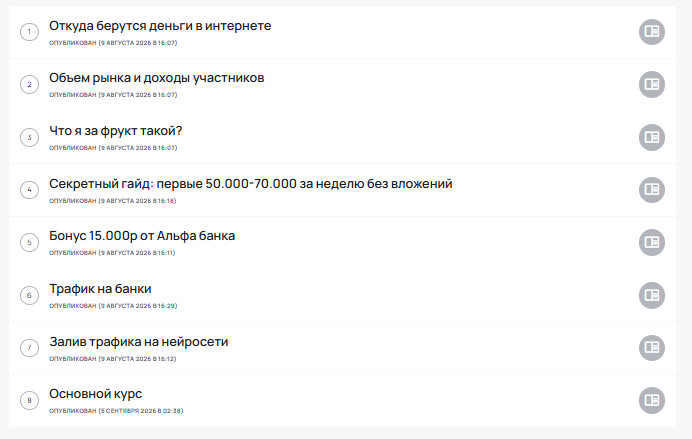 Список уроков курса по арбитражу трафика в личном кабинете