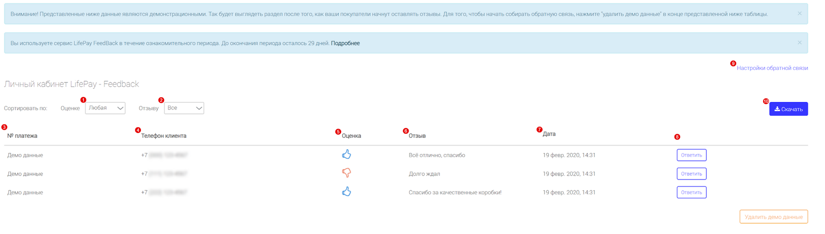 Раздел «Отзывы клиентов» (LifePay Feedback) с пронумерованными элементами