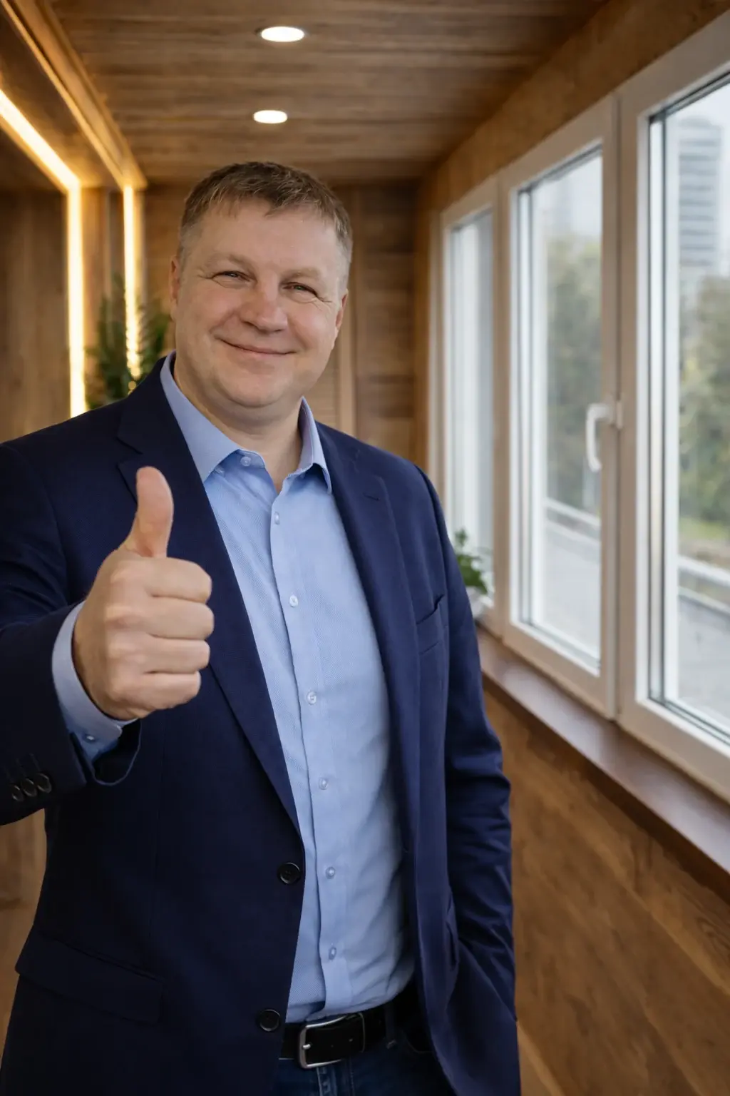 Дмитрий на балконе показывает большой палец вверх