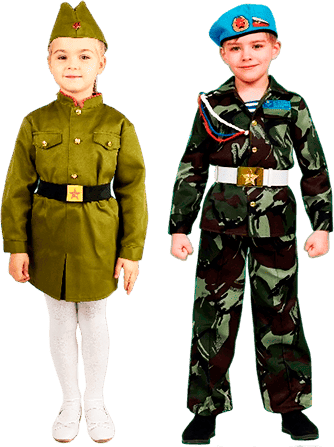 Детская военная форма, пилотки и патриотические костюмы для парада на 9 мая.