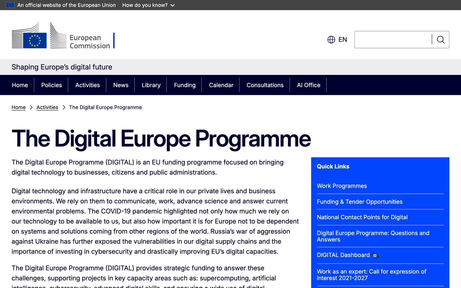 Digital Europe Programme official page screenshot: EU funding programme for digital technology