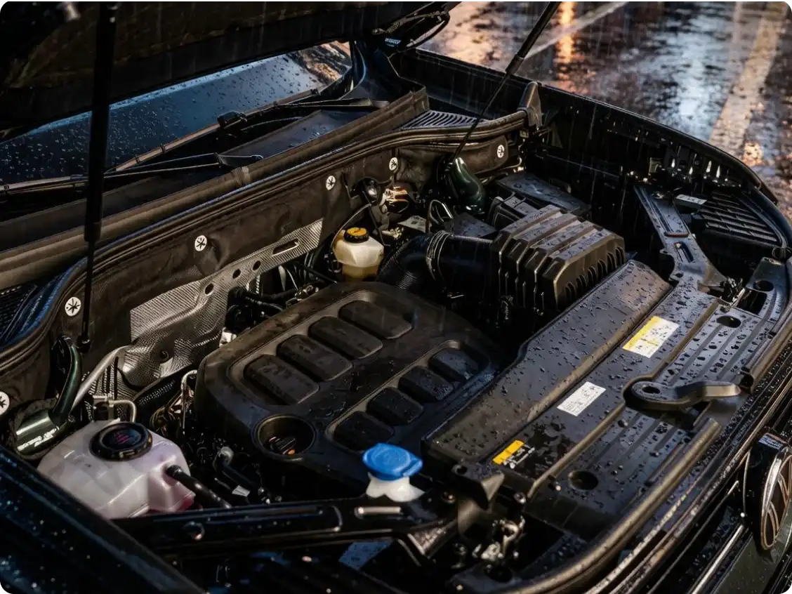 Подкапотное пространство Volkswagen Atlas нового поколения: 2,0-литровый турбомотор EA888, система охлаждения и элементы навесного оборудования.