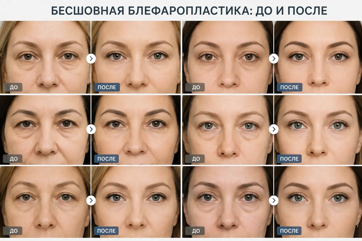 Бесшовная блефаропластика до и после - примеры коррекции век у нескольких пациентов