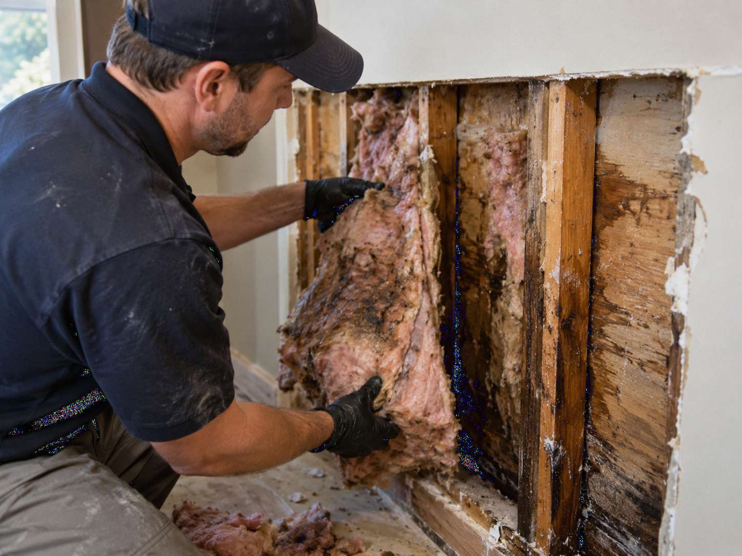 Wet insulation after water damage being removed from an opened wall cavity with damp wood framing and exposed fiberglass insulation