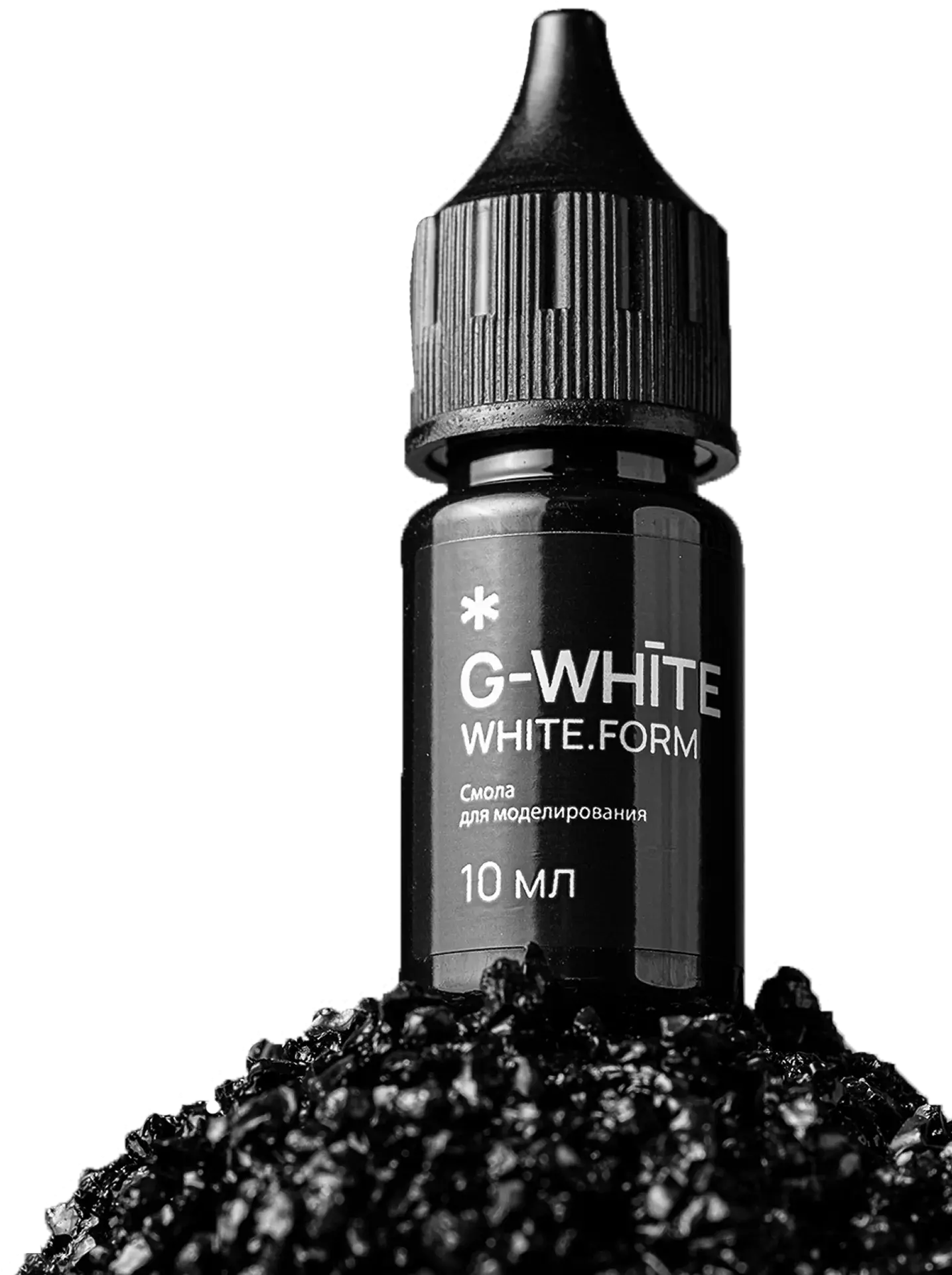 Флакон смолы для моделирования композита G-WHITE WHITE.FORM на черном фоне