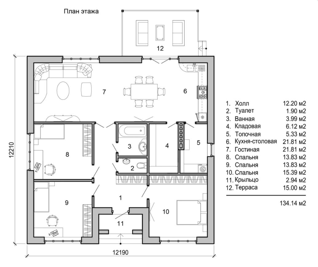 План одноэтажного дома с эркером и 3 спальнями