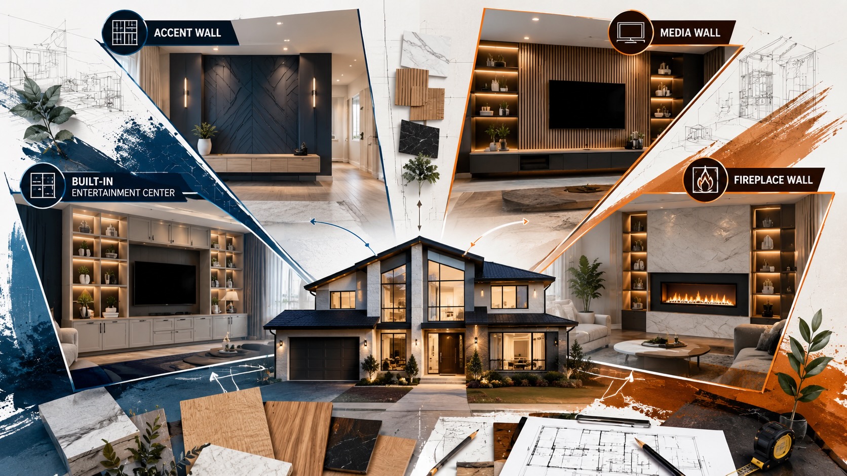 Editorial infographic illustrating four custom wall solutions for Houston homes, including accent walls, media walls, fireplace walls, and built-in entertainment centers connected through architectural sketches, blueprint overlays, material samples, and a contemporary residential home.
