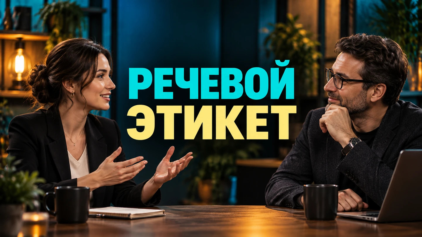 Обложка статьи «Речевой этикет: как обращаться, просить и возражать вежливо»: Два взрослых собеседника за столом и надпись «Говорить вежливо». Заголовок «РЕЧЕВОЙ — ЭТИКЕТ» встроен в изображение.