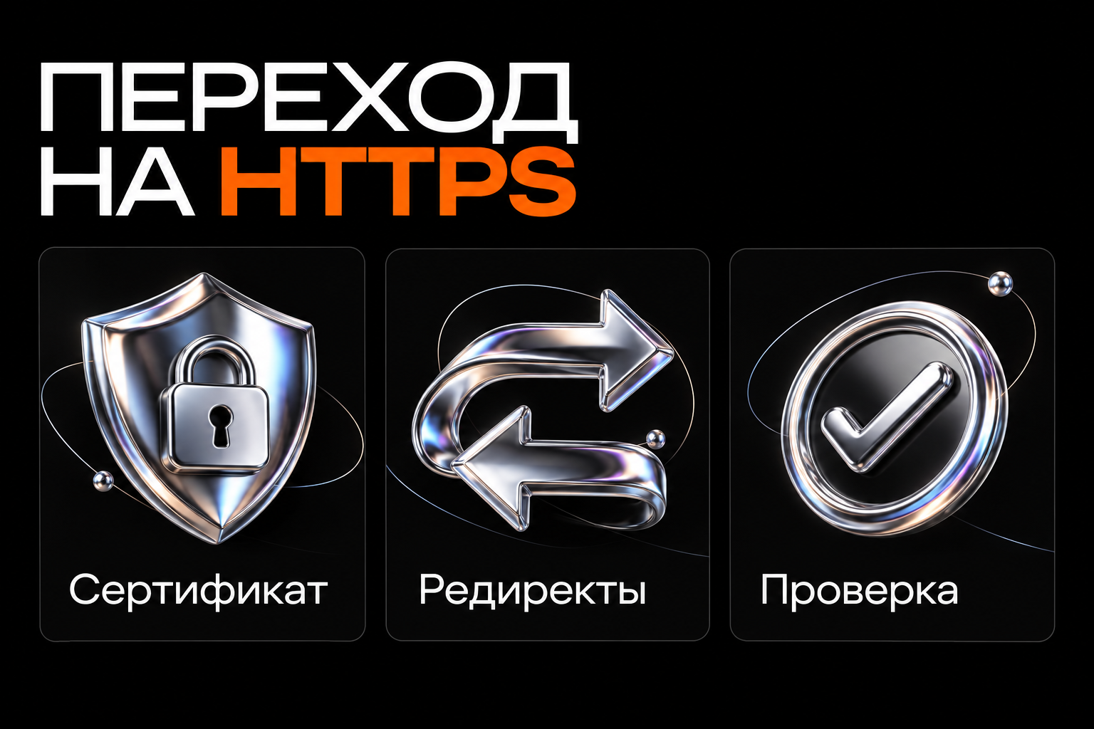 Этапы перехода на HTTPS: сертификат, перенаправления и проверка сайта.
