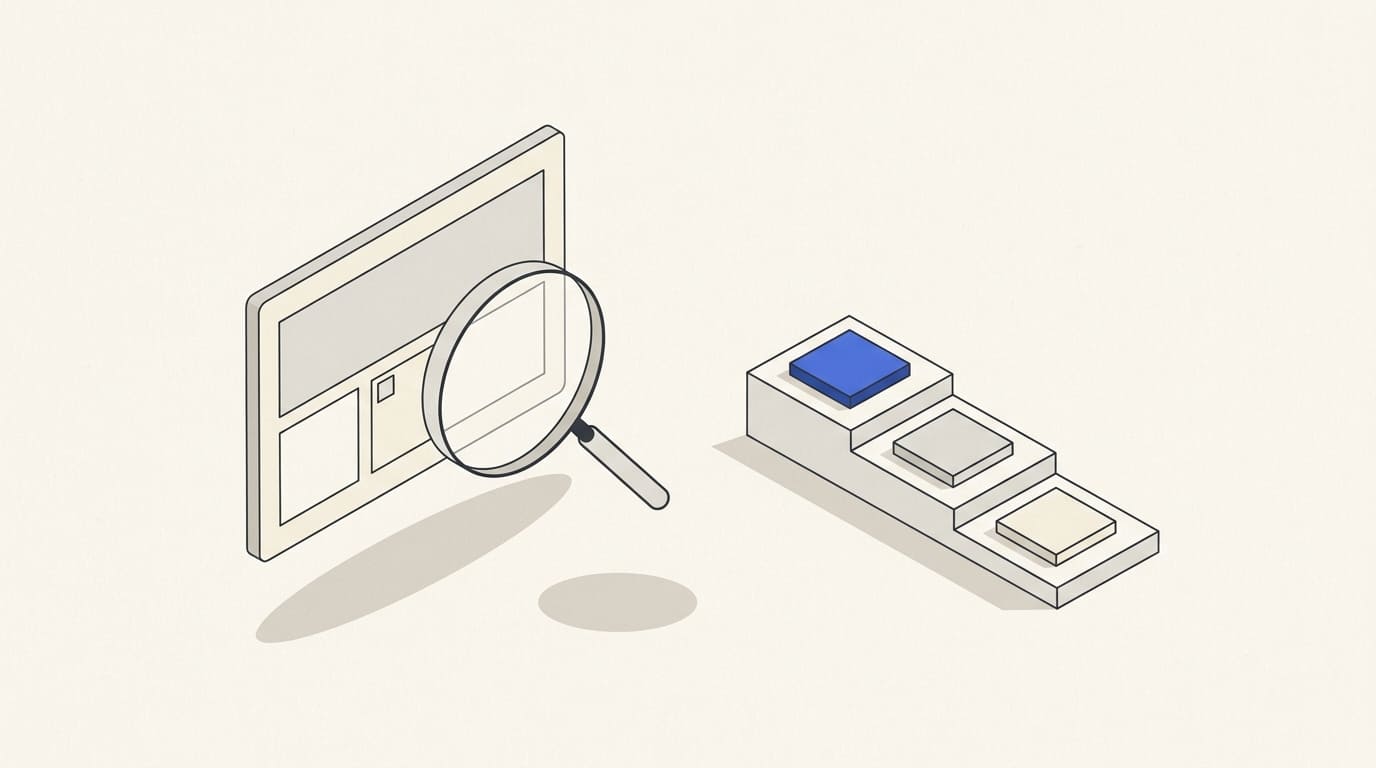 A website layout under a magnifying glass, with three prioritised task cards and the first highlighted in blue.