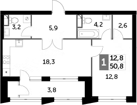 1-комн — 50,8 м²
