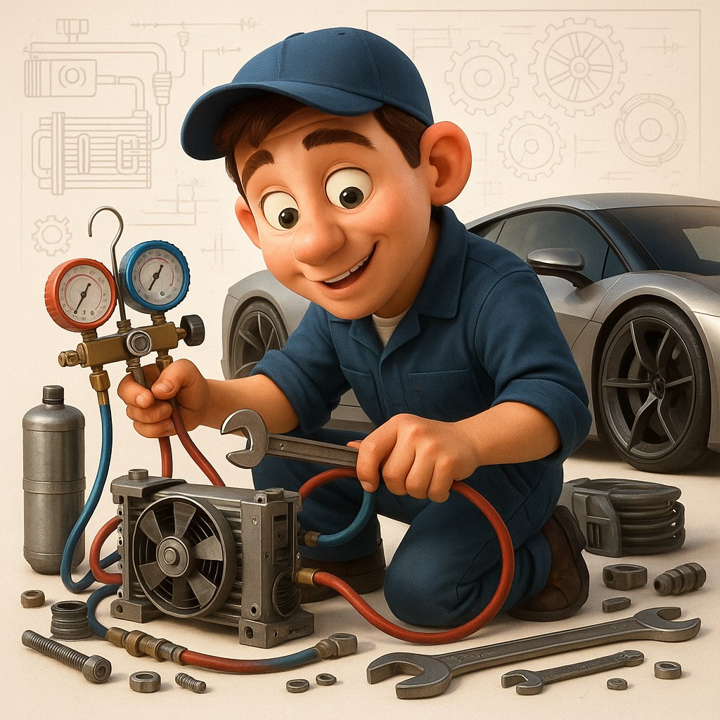 Специалист автосервиса подключает станцию для заправки кондиционера к автомобилю VAG.