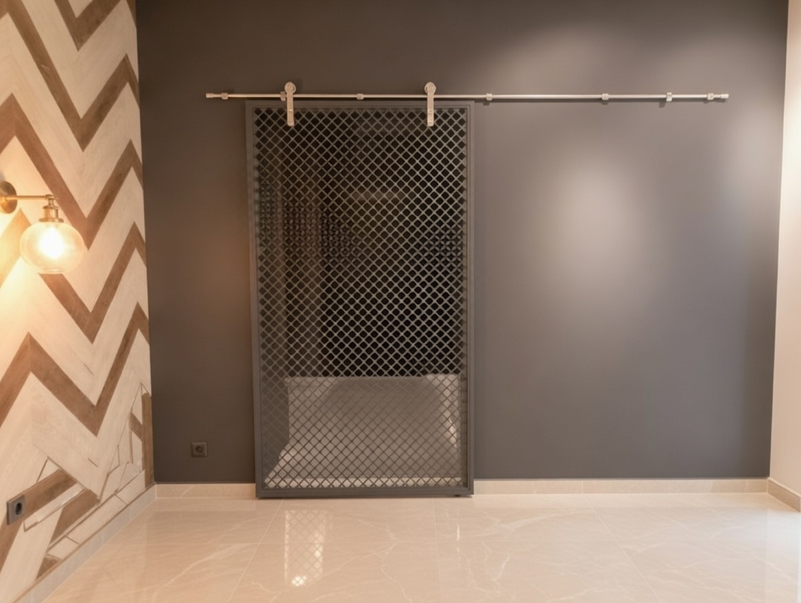 Элегантная раздвижная дверь в стиле лофт — сочетание индустриальной эстетики и современных технологий.  Видимые каретки из шлифованной нержавеющей стали создают эффектный акцент и подчёркивают конструктивную логику дизайна.  Створка, собранная на каркасе из стального уголка с заполнением стальной сеткой, сочетает прочность и визуальную лёгкость.  Высококачественное порошковое покрытие не только украшает, но и надёжно защищает металл, обеспечивая безупречную эксплуатацию в течение многих лет.