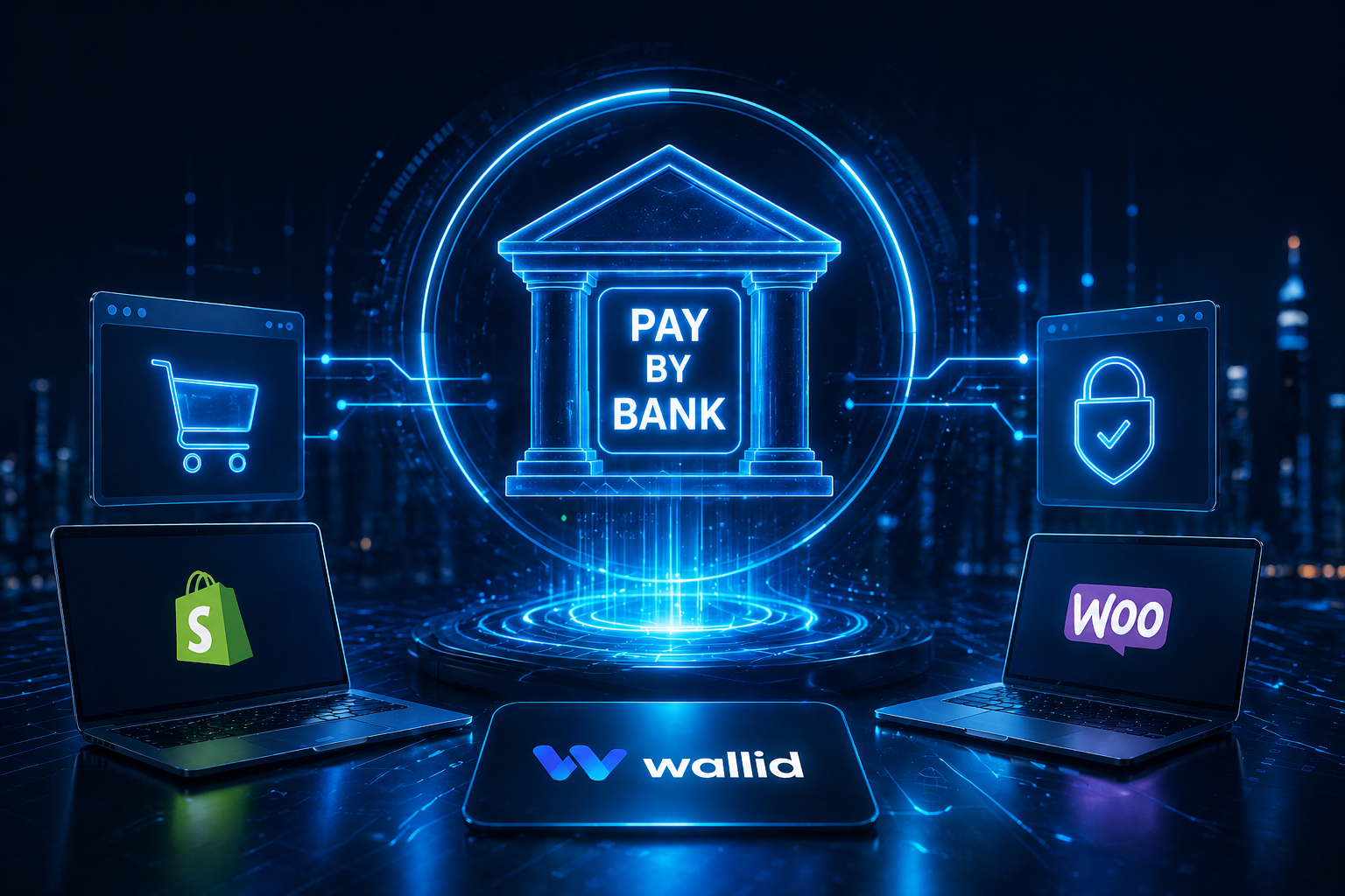 Futuristische visualisatie van pay-by-bank betalingen voor high-risk webshops in Nederland met directe banktransacties en veilige betaalinfrastructuur
