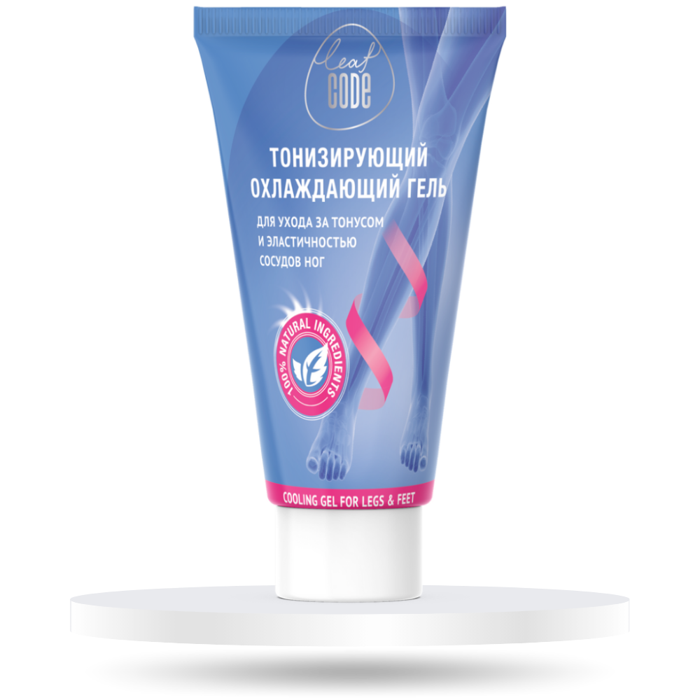 Тонизирующий охлаждающий гель для ног Leaf Code в стильной упаковке, разработанный для ежедневного ухода